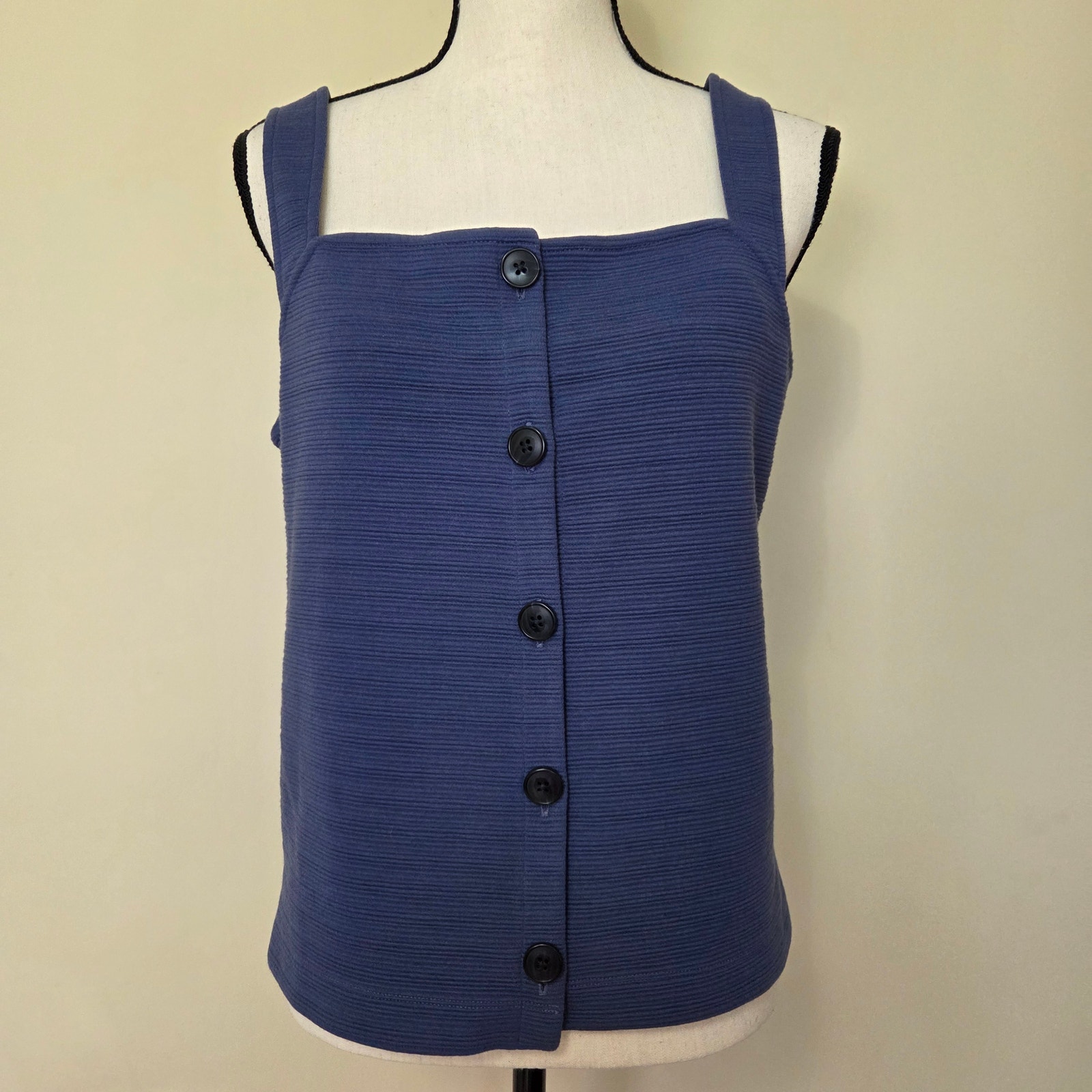 Nwt J. Crew M Tank Top Button Front Sq. Neck Textured Wide Strap Blue